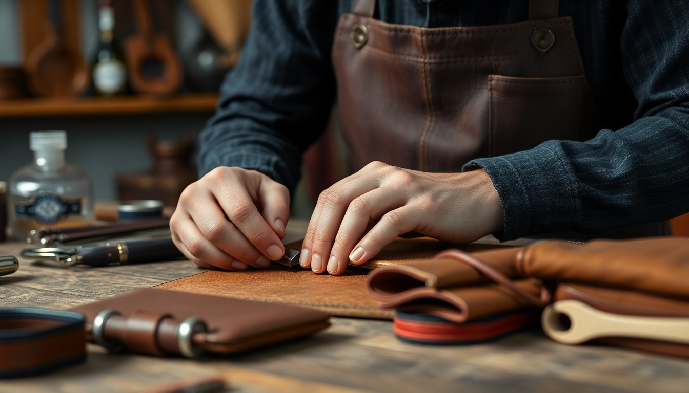 Craftsmanship of leather goods in a boutique production, without details of people faces