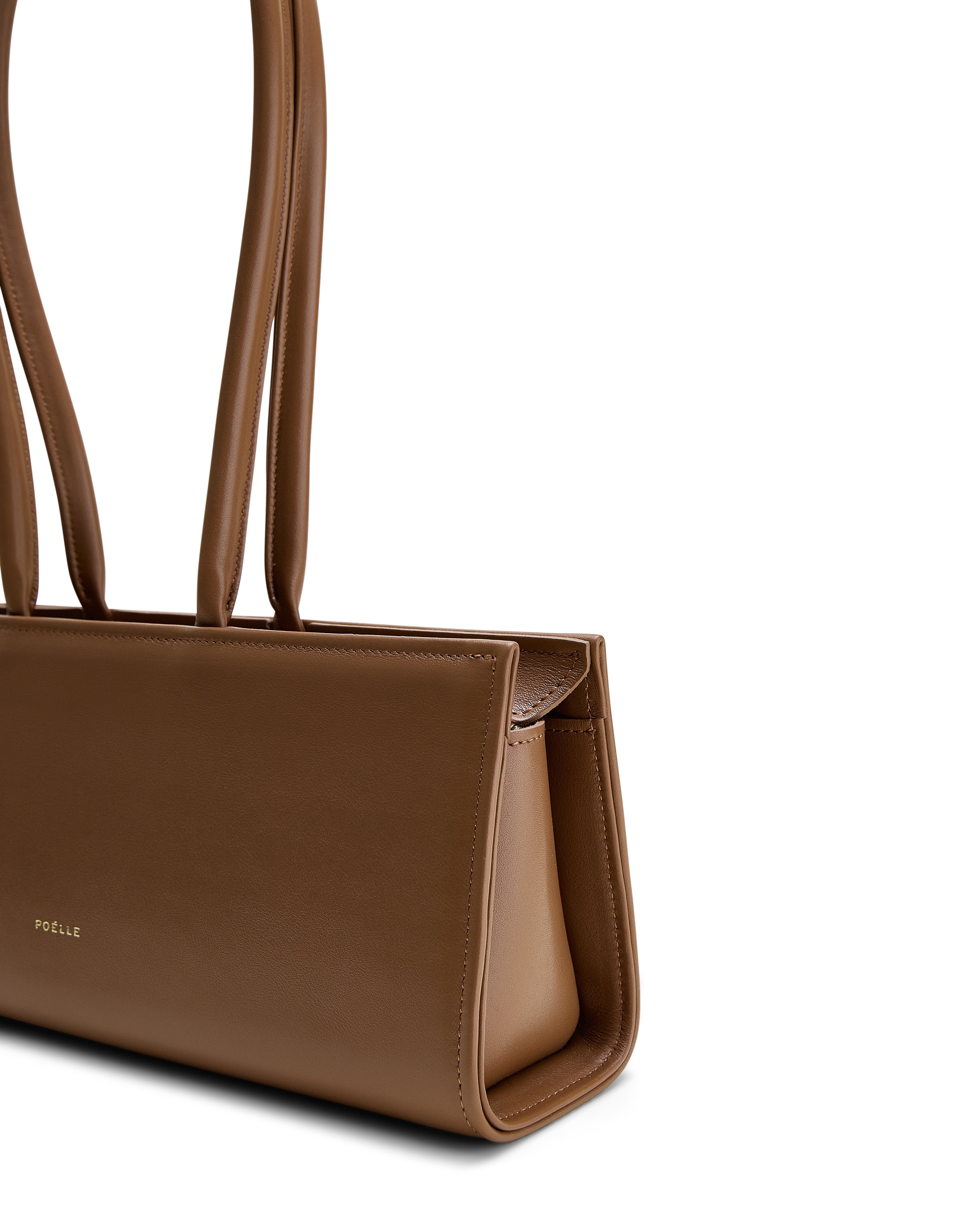 Poelle Atelier east-west horizontal suede bag in brown with slim shoulder straps and minimalist design