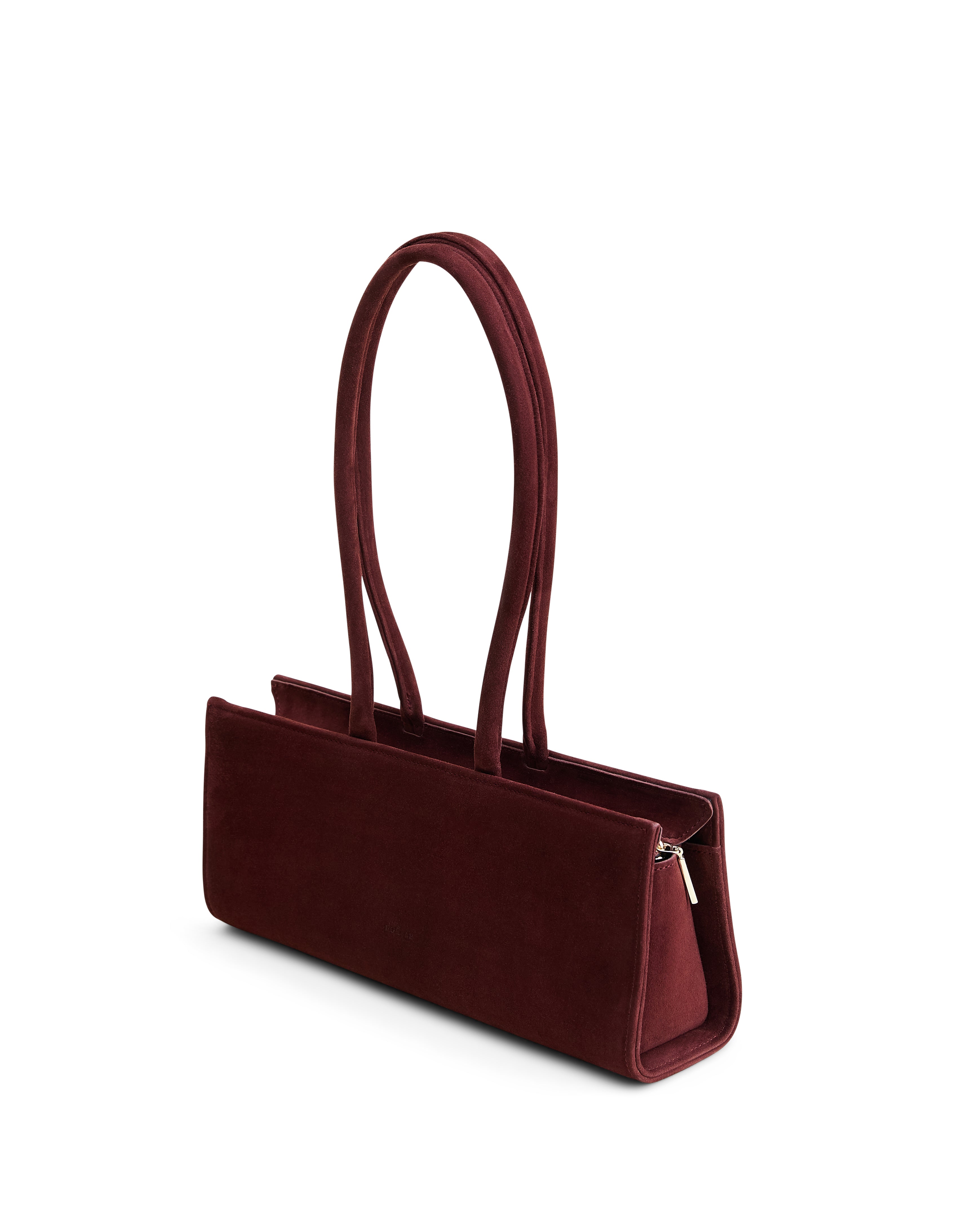 Poelle Atelier east-west horizontal bag suede leather red with long handles and sleek design