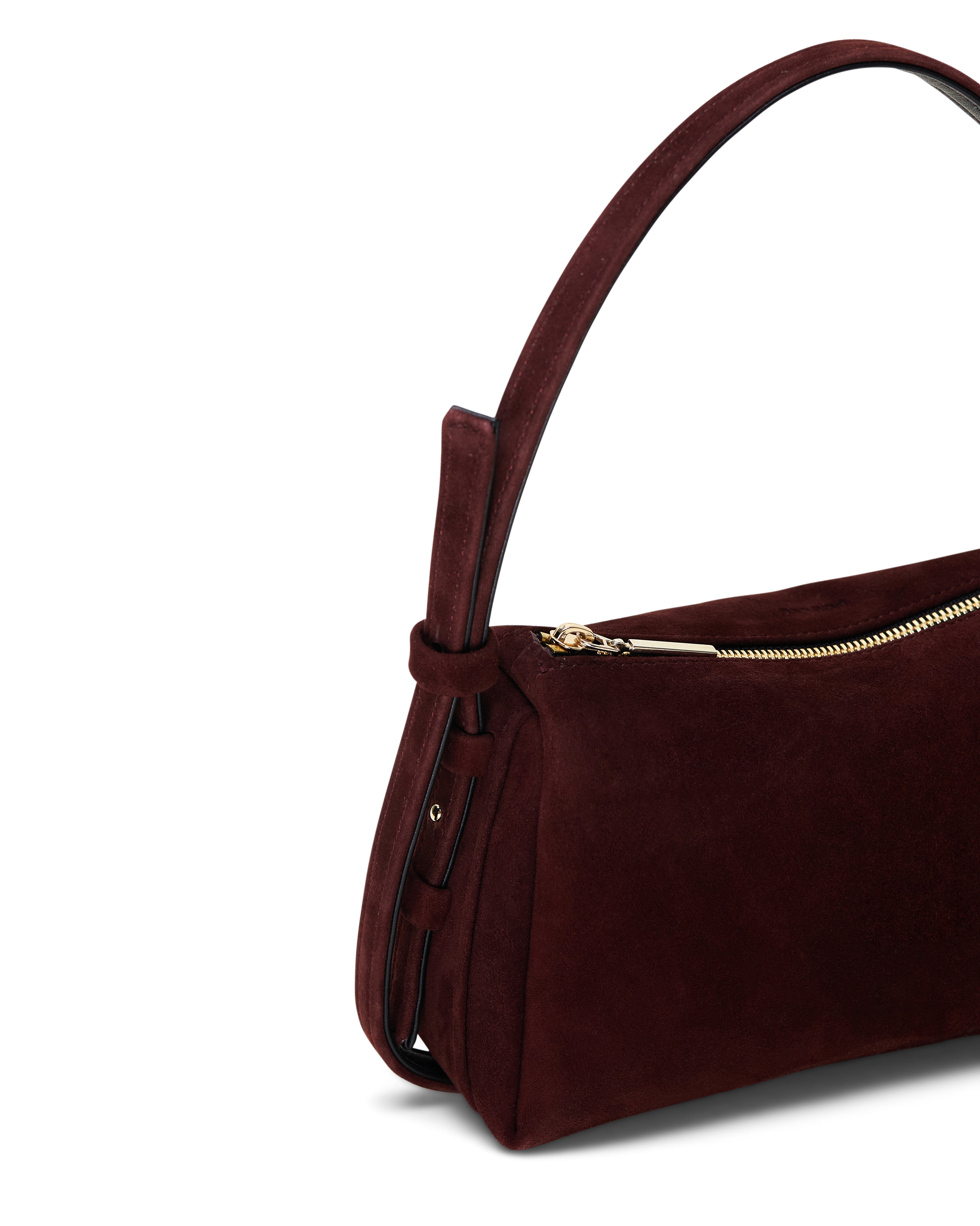Poelle Atelier small leather bag in dark burgundy suede with gold zipper detail