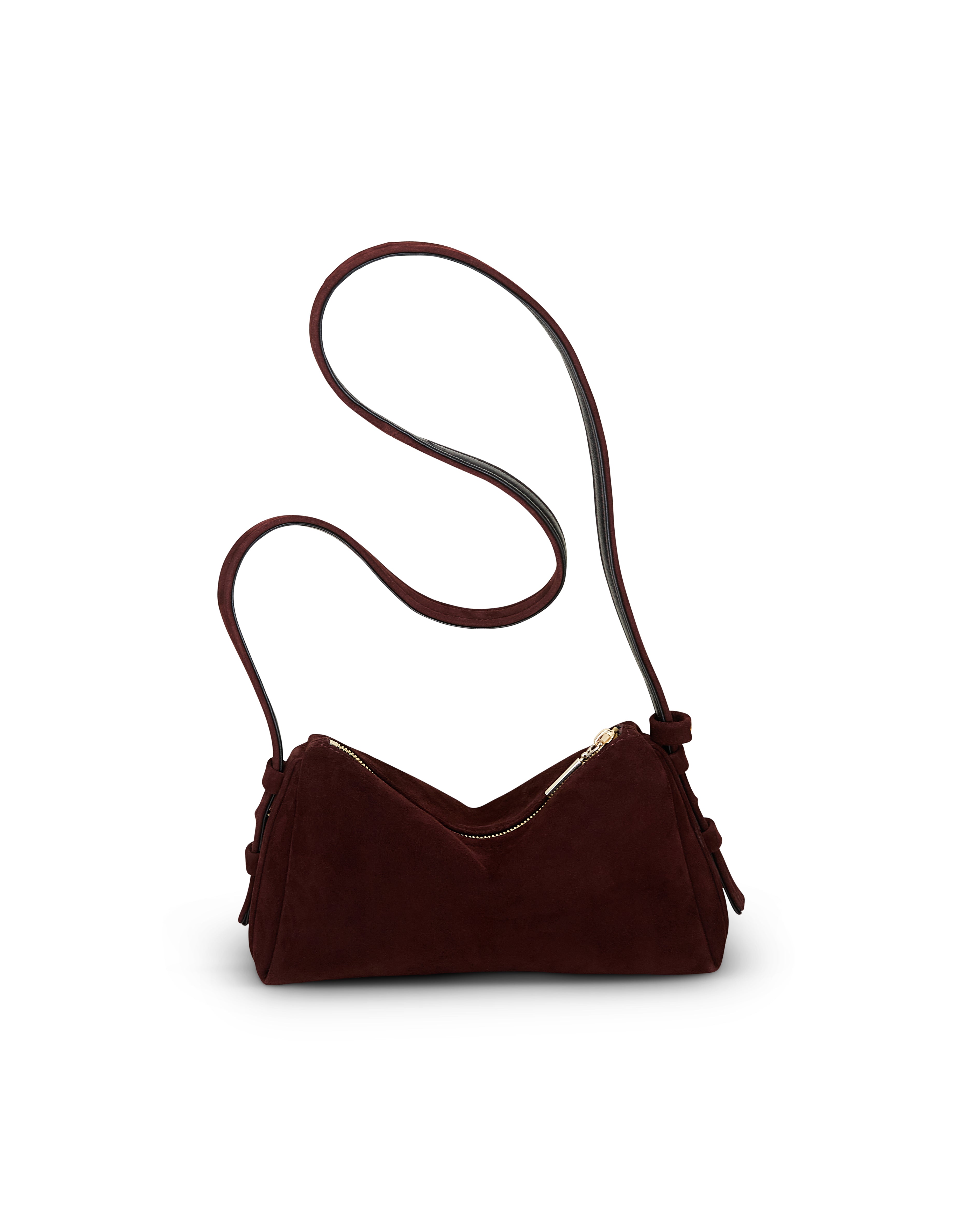 Elegant small leather bag in dark brown with long strap and gold zipper from Poelle Atelier