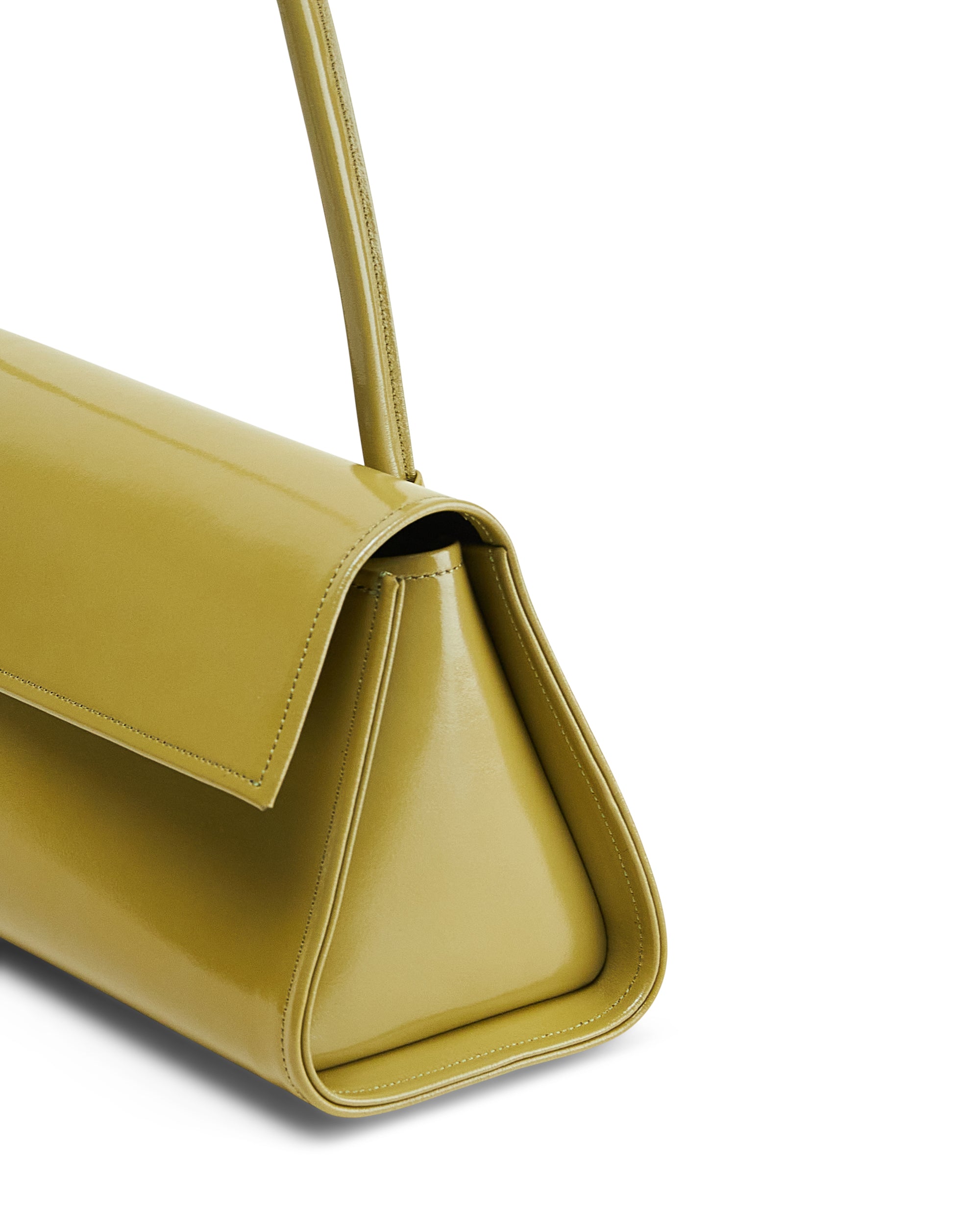 Poelle Atelier high-end fashion leather bag in olive green with sleek triangular design