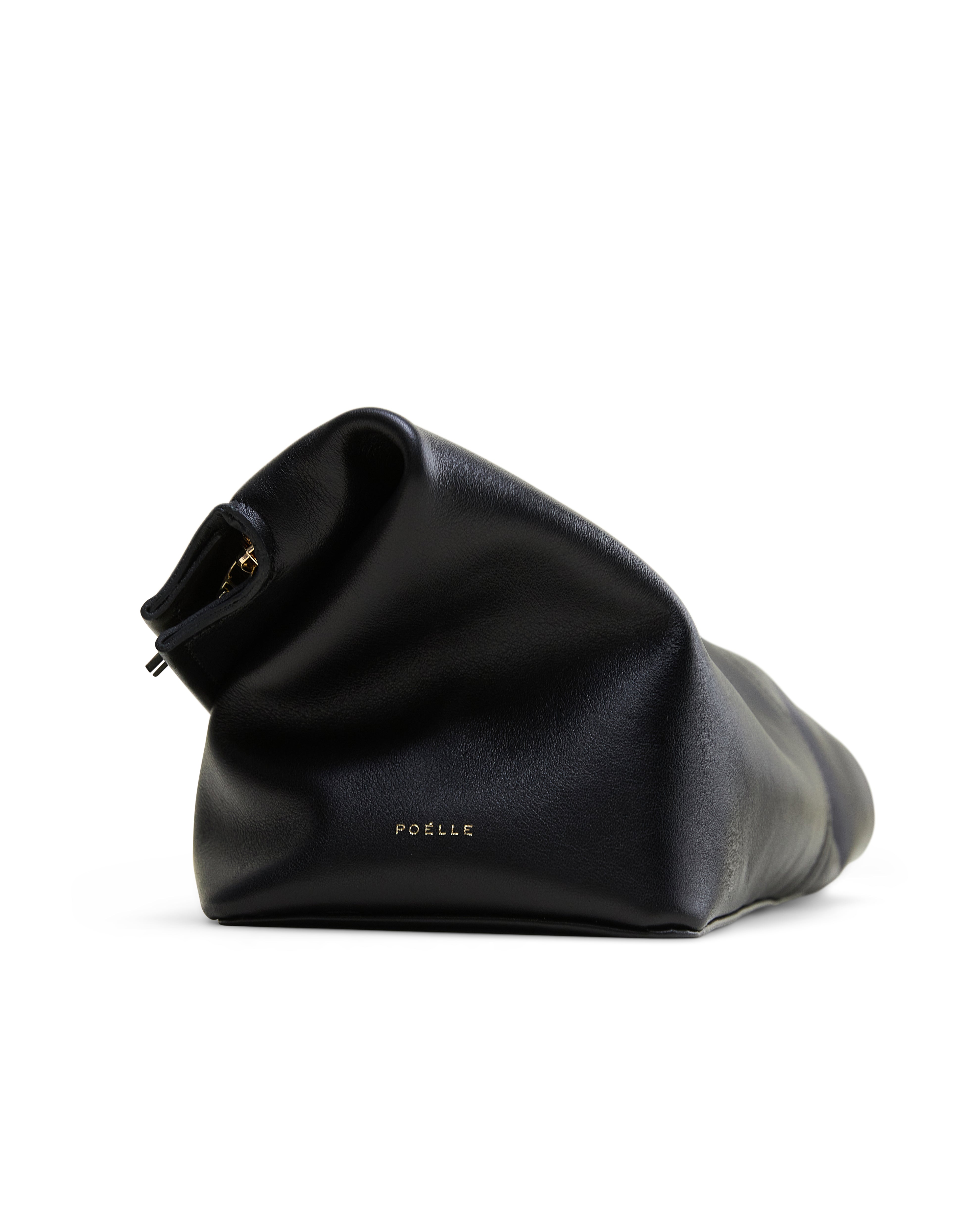 Poelle Atelier black luxury leather clutch bag with soft structure and gold logo detailing