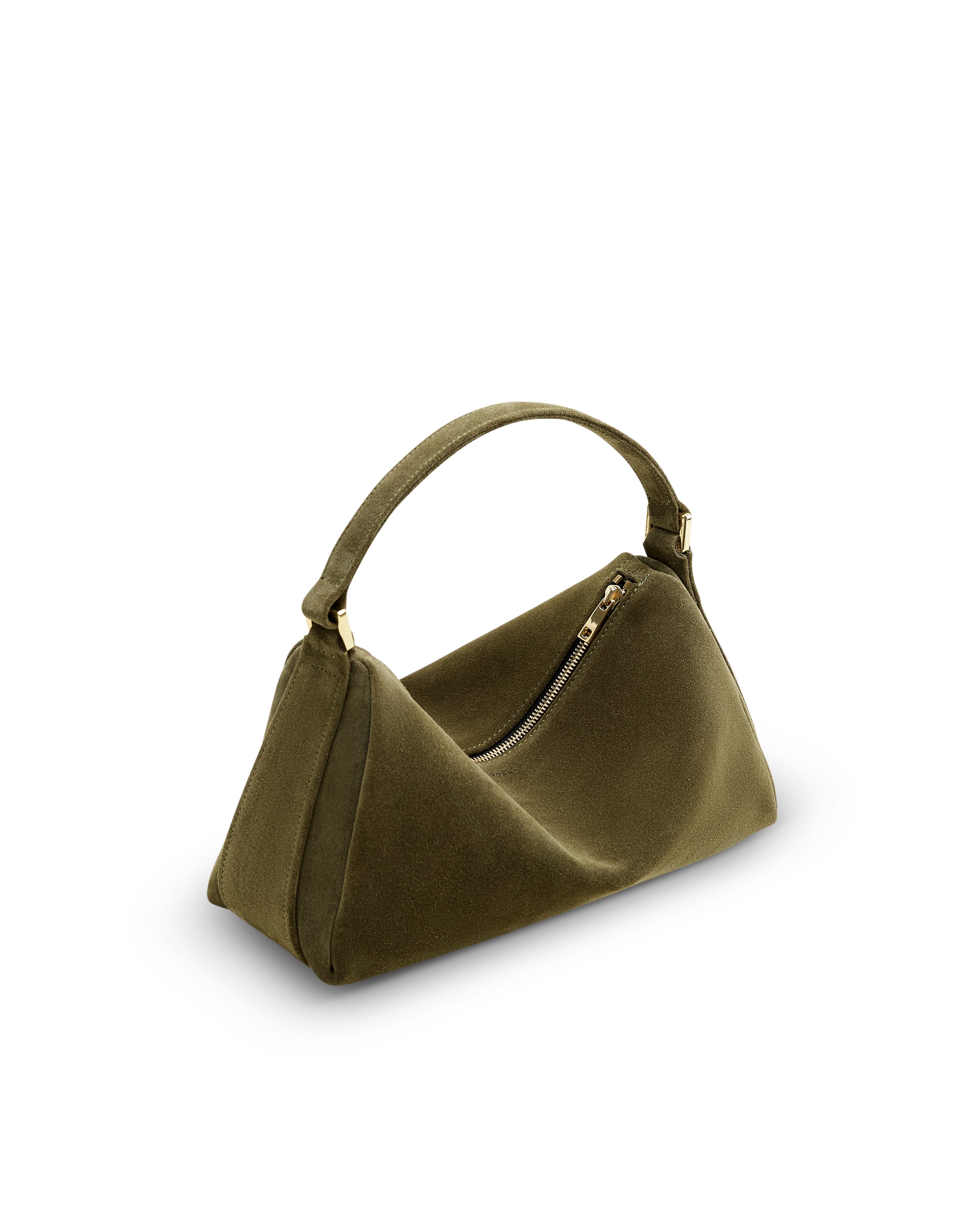 Poelle Atelier luxury olive suede handbag with single handle and zipper detail