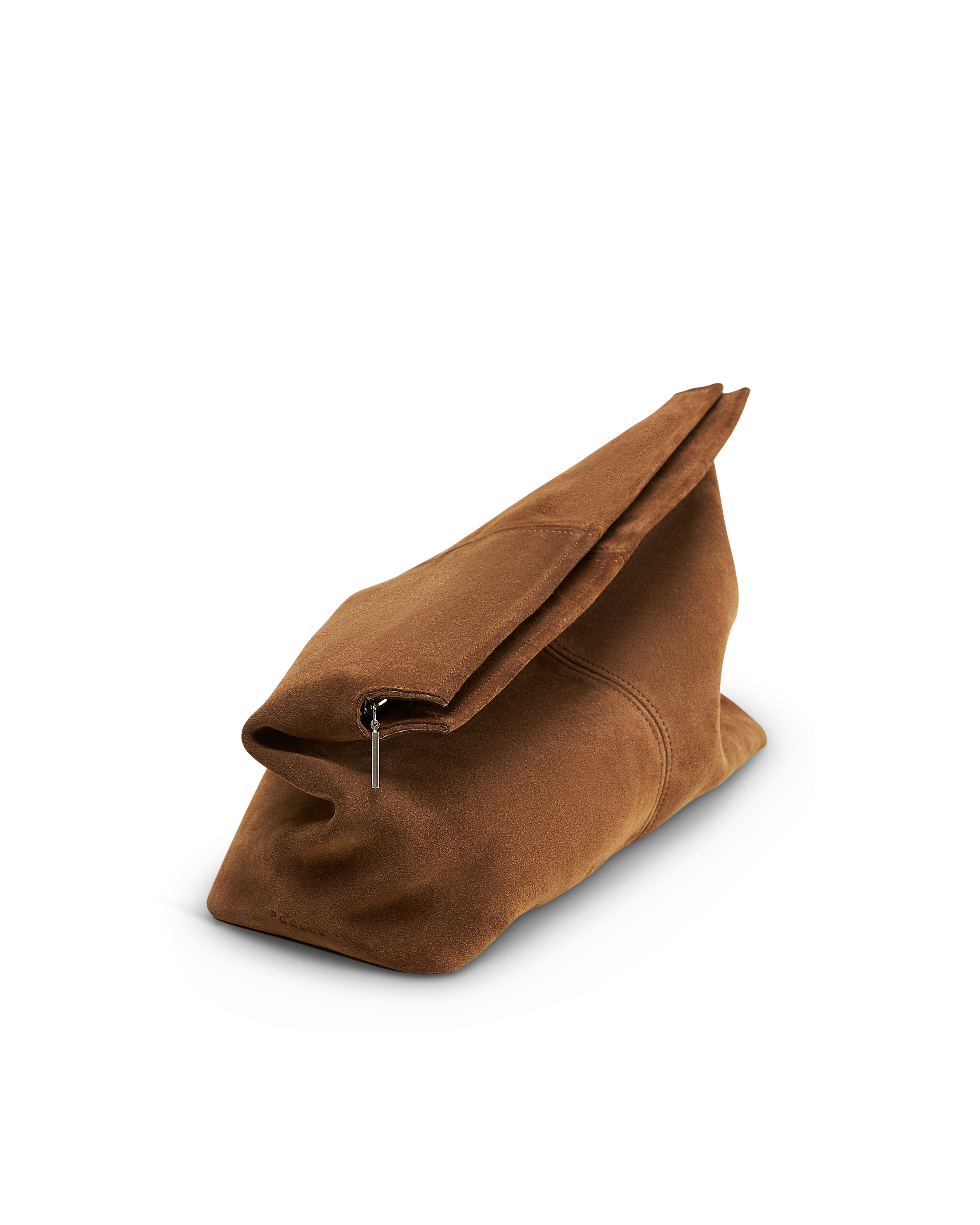 Poelle Atelier luxury suede clutch bag in brown with fold-over design and zipper closure
