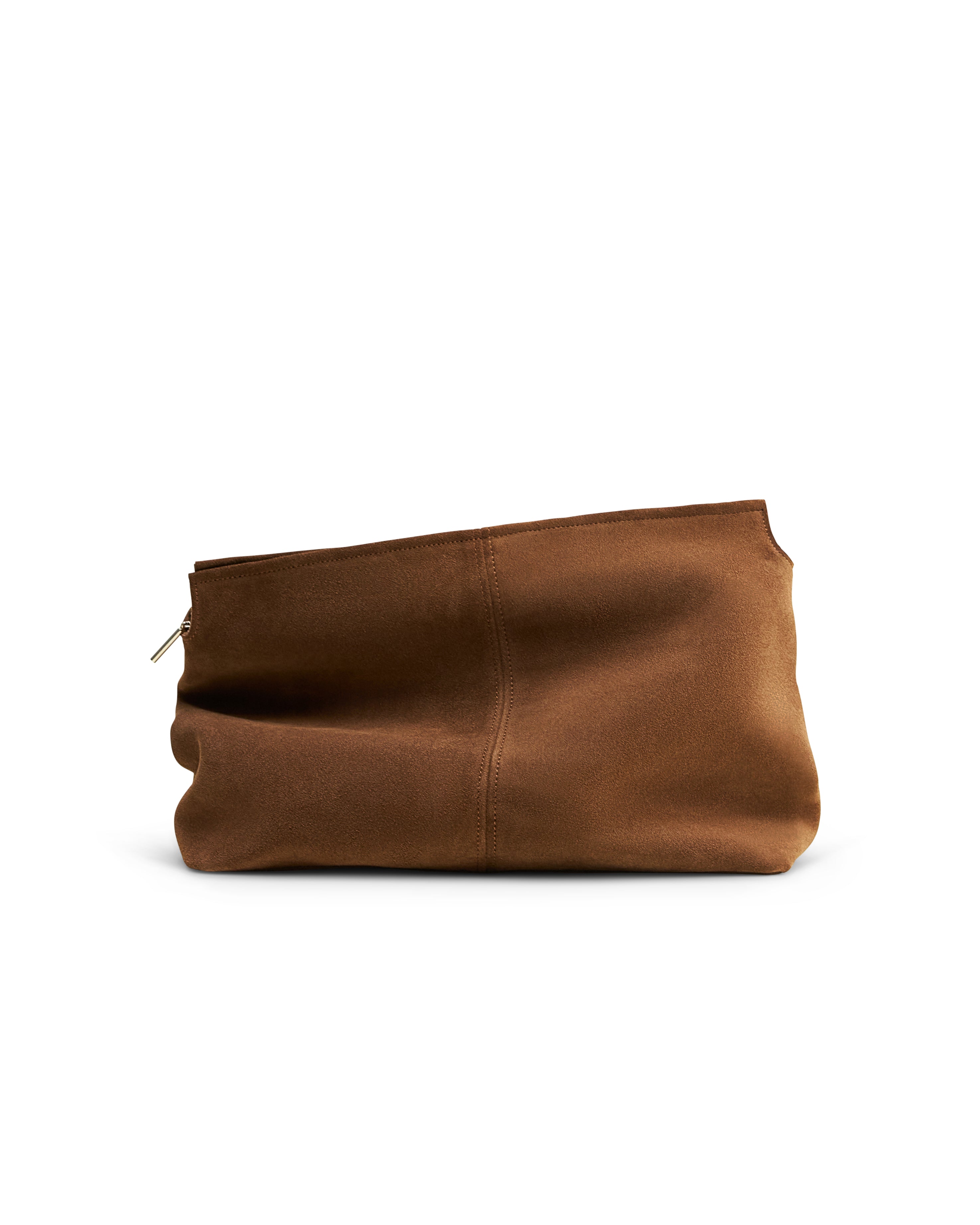 Brown luxury suede clutch bag by Poelle Atelier with a soft textured finish and zipper closure