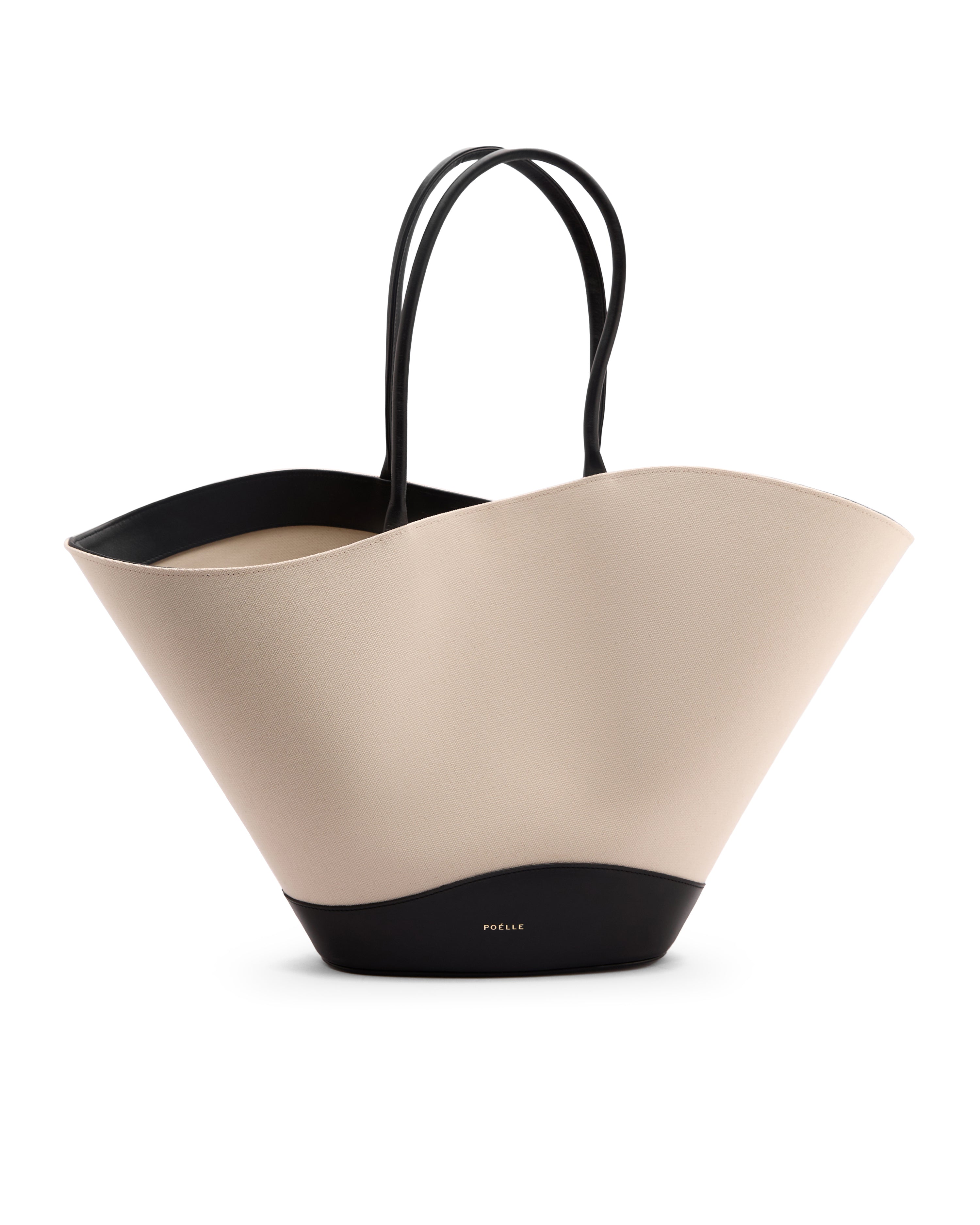 Poelle Atelier luxury summer leather bag in beige and black with double handles and sculpted design