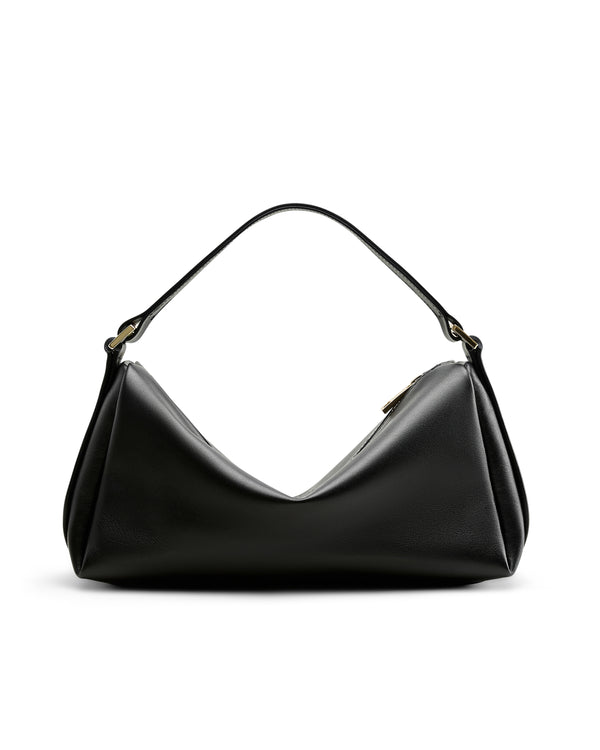 Minimalist leather bag for women in black with a single handle by Poelle Atelier