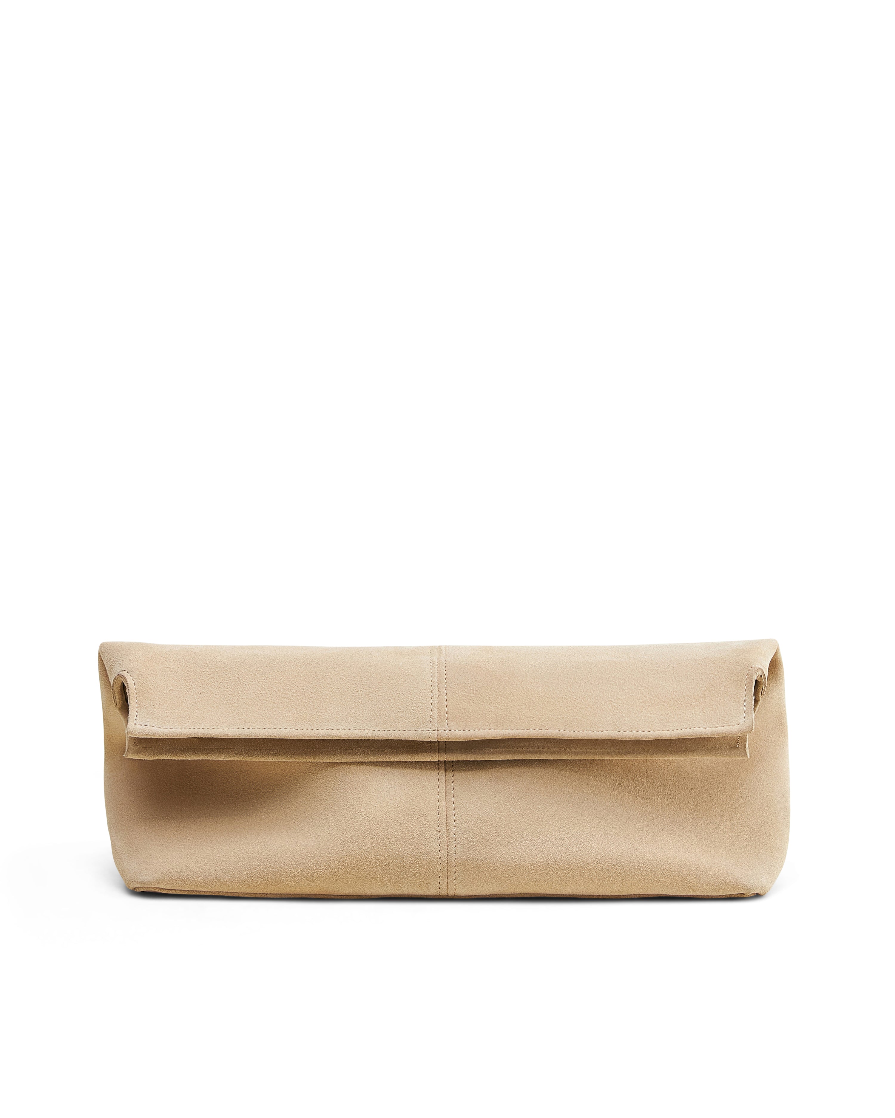 Poelle Atelier luxury suede clutch bag in beige with minimalist fold-over design