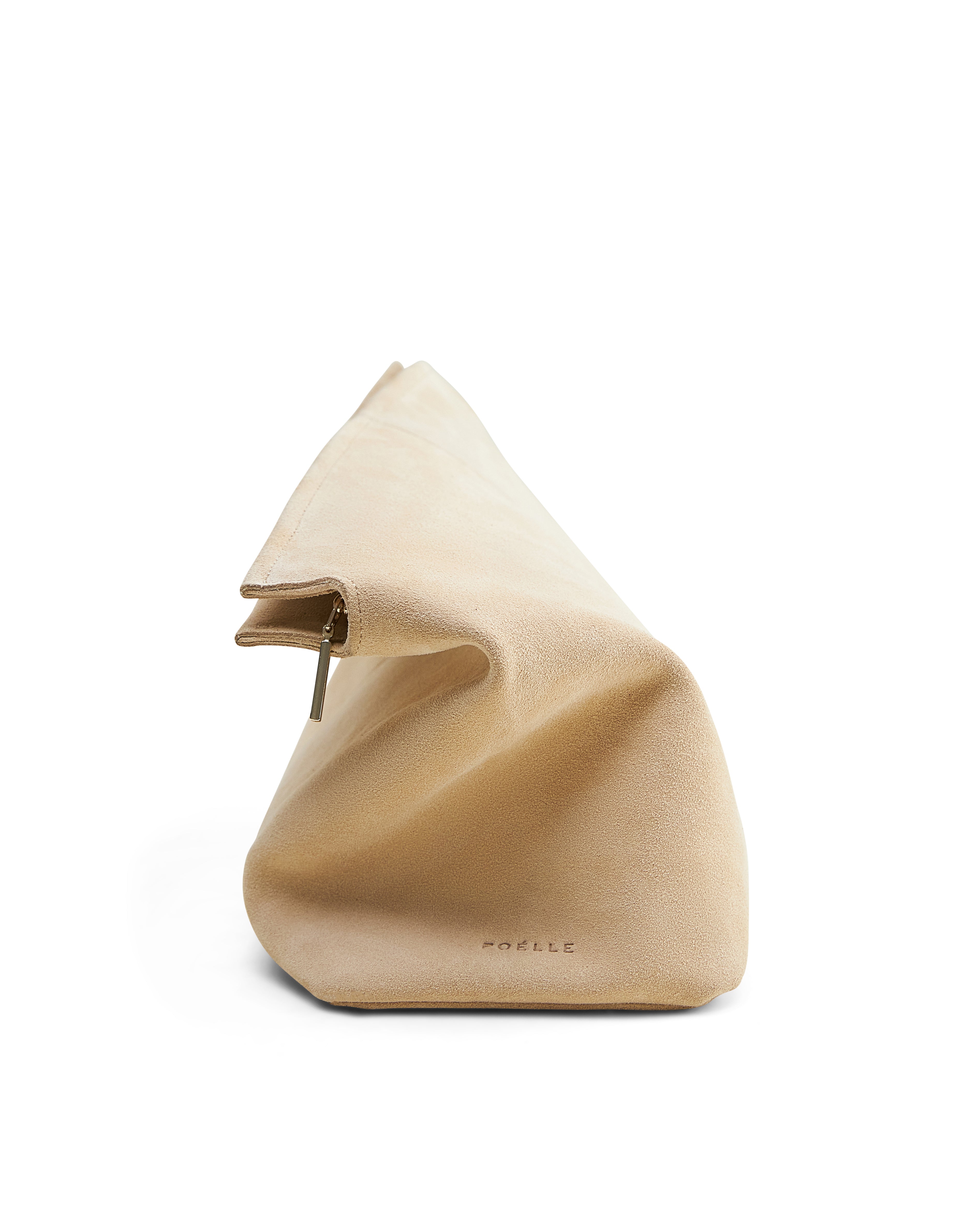 Poelle Atelier luxury suede clutch bag in beige with minimalist design and zipper closure