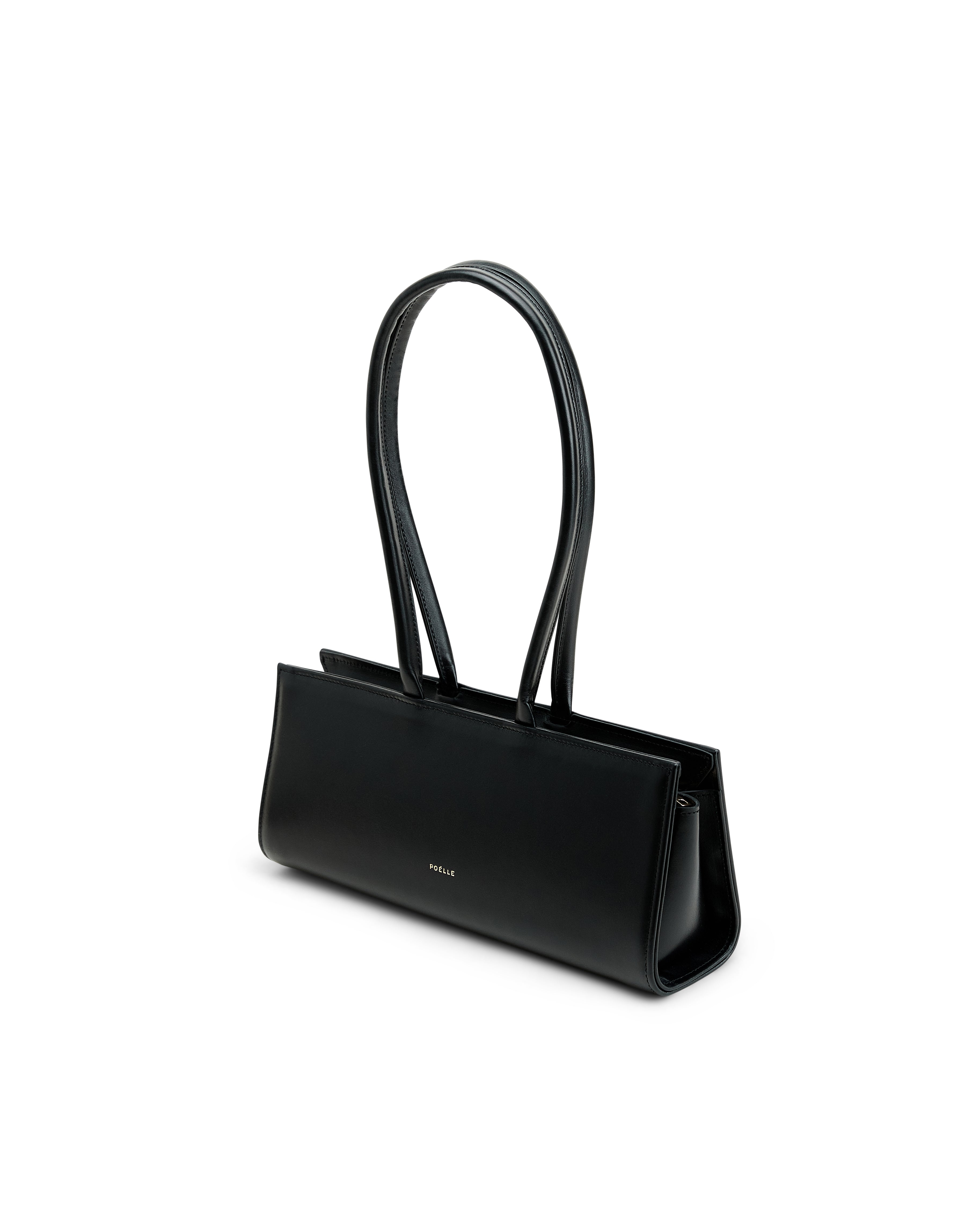 Poelle Atelier luxury black leather handbag with slim long handles and minimalist design