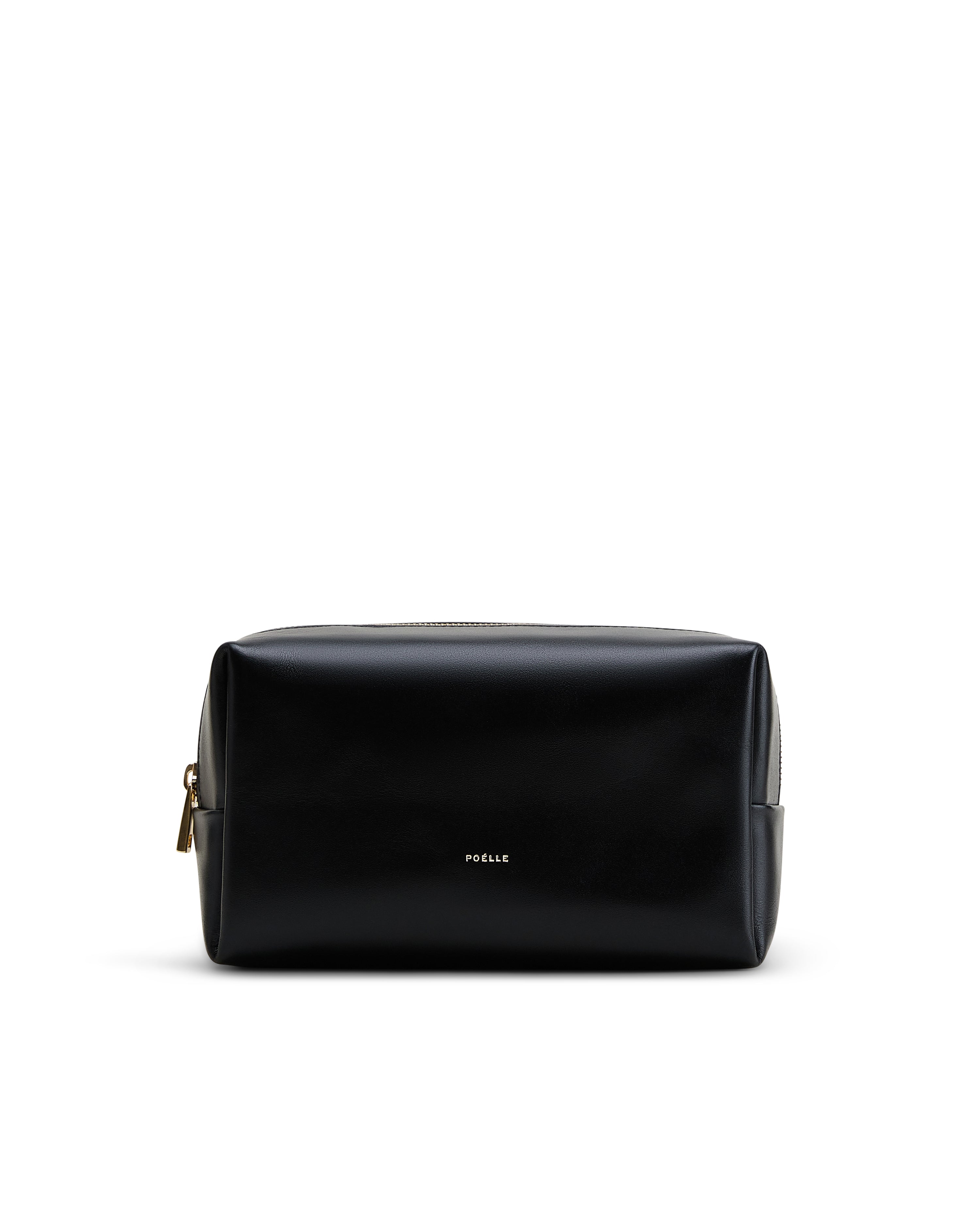 Poelle Atelier black luxury cosmetic make-up bag with gold zipper and minimalist design
