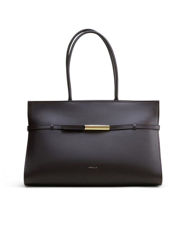 Poelle Atelier luxury leather brown bag with gold-tone hardware and double handles