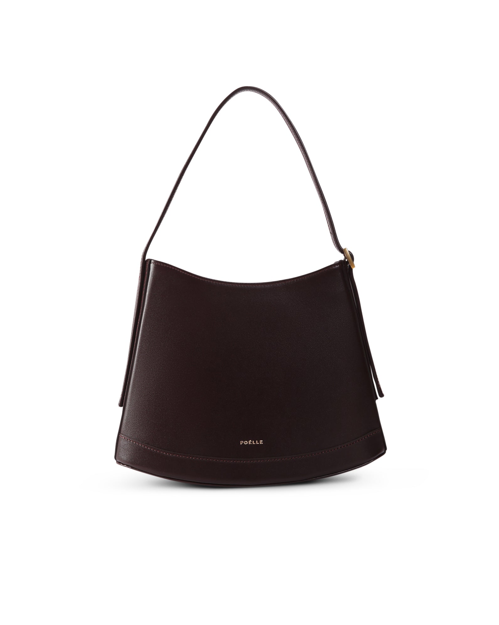 Poelle Atelier luxury minimalist leather bag in dark brown with single shoulder strap and curved design