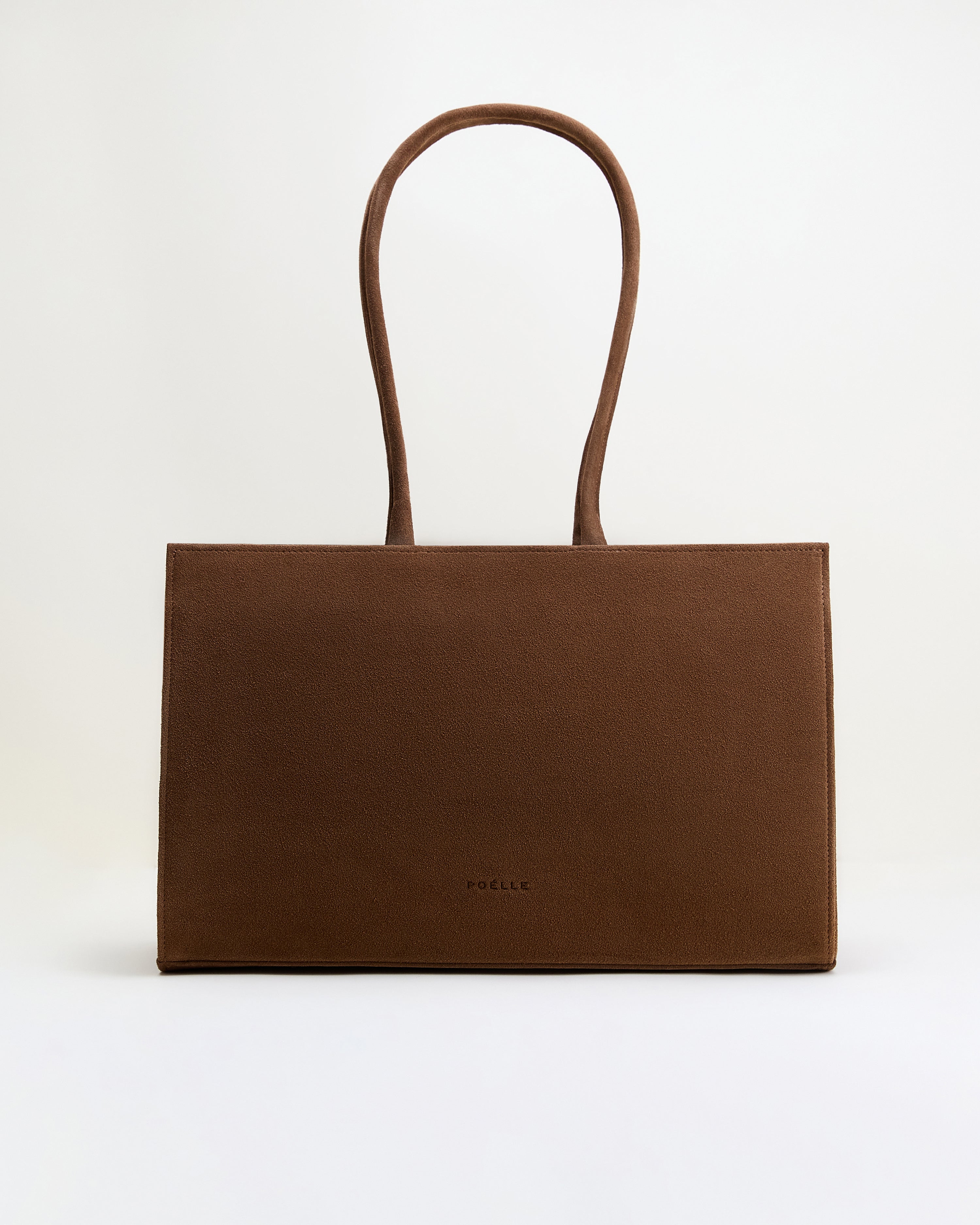 Poelle Atelier brown luxury suede tote bag with long handles and minimalist design
