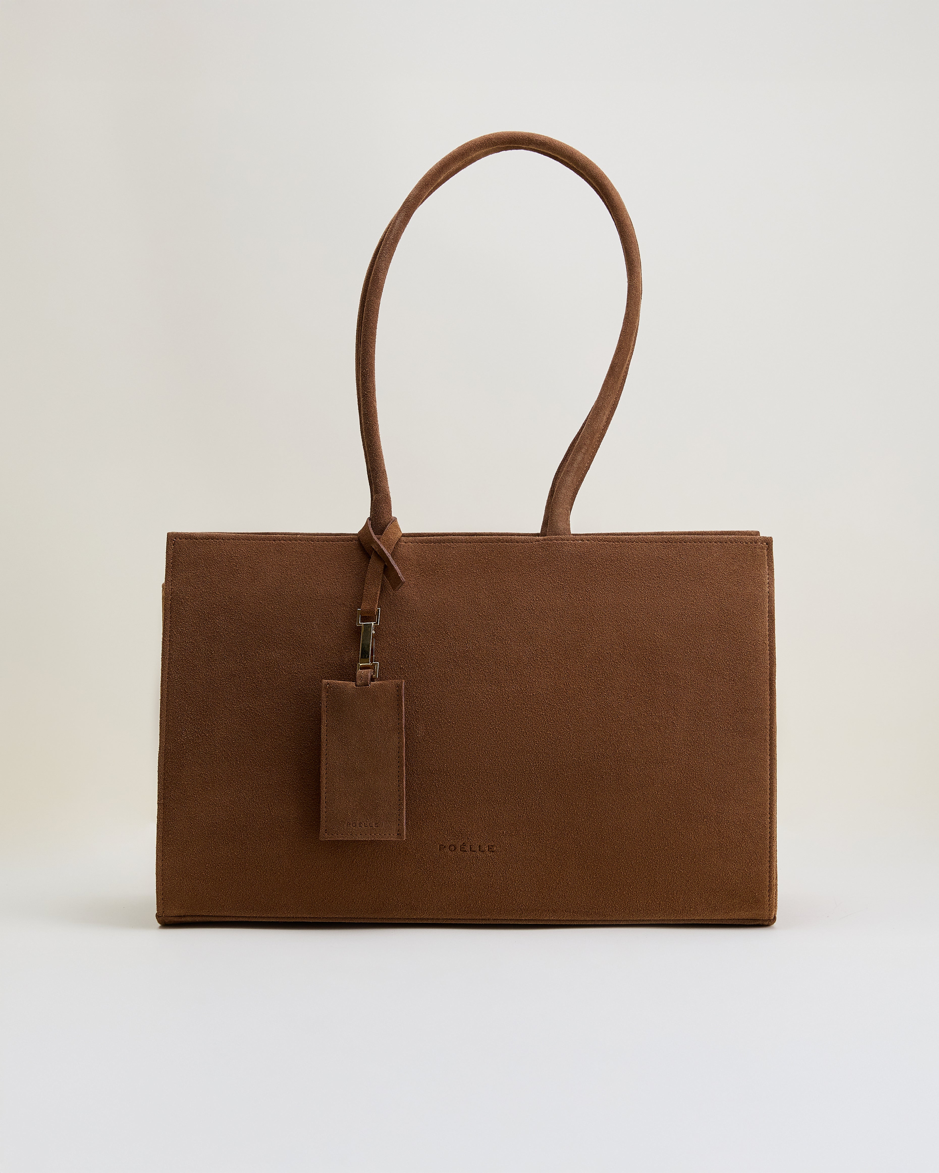 Poelle Atelier luxury suede tote bag in brown with long handles and minimalist design