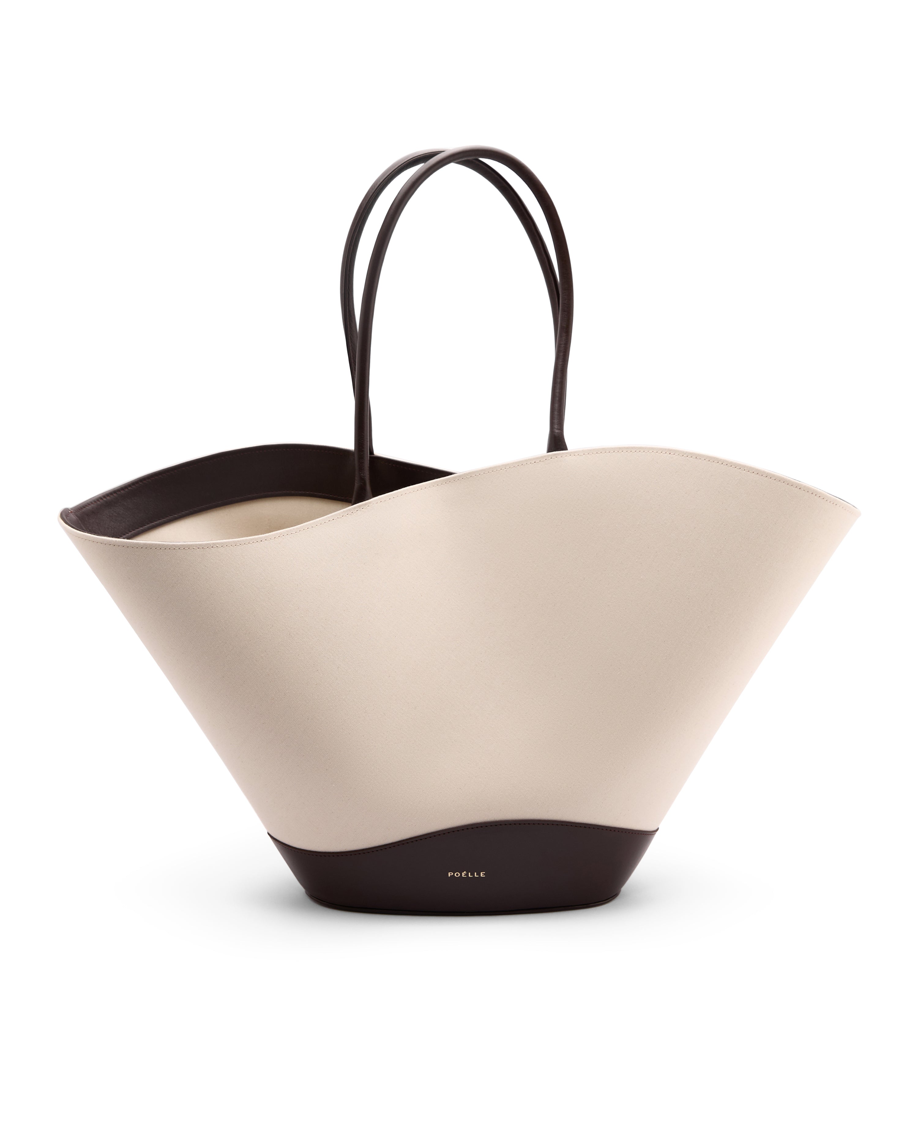 Poelle Atelier luxury summer leather bag in beige and dark brown with structured shape and double handles