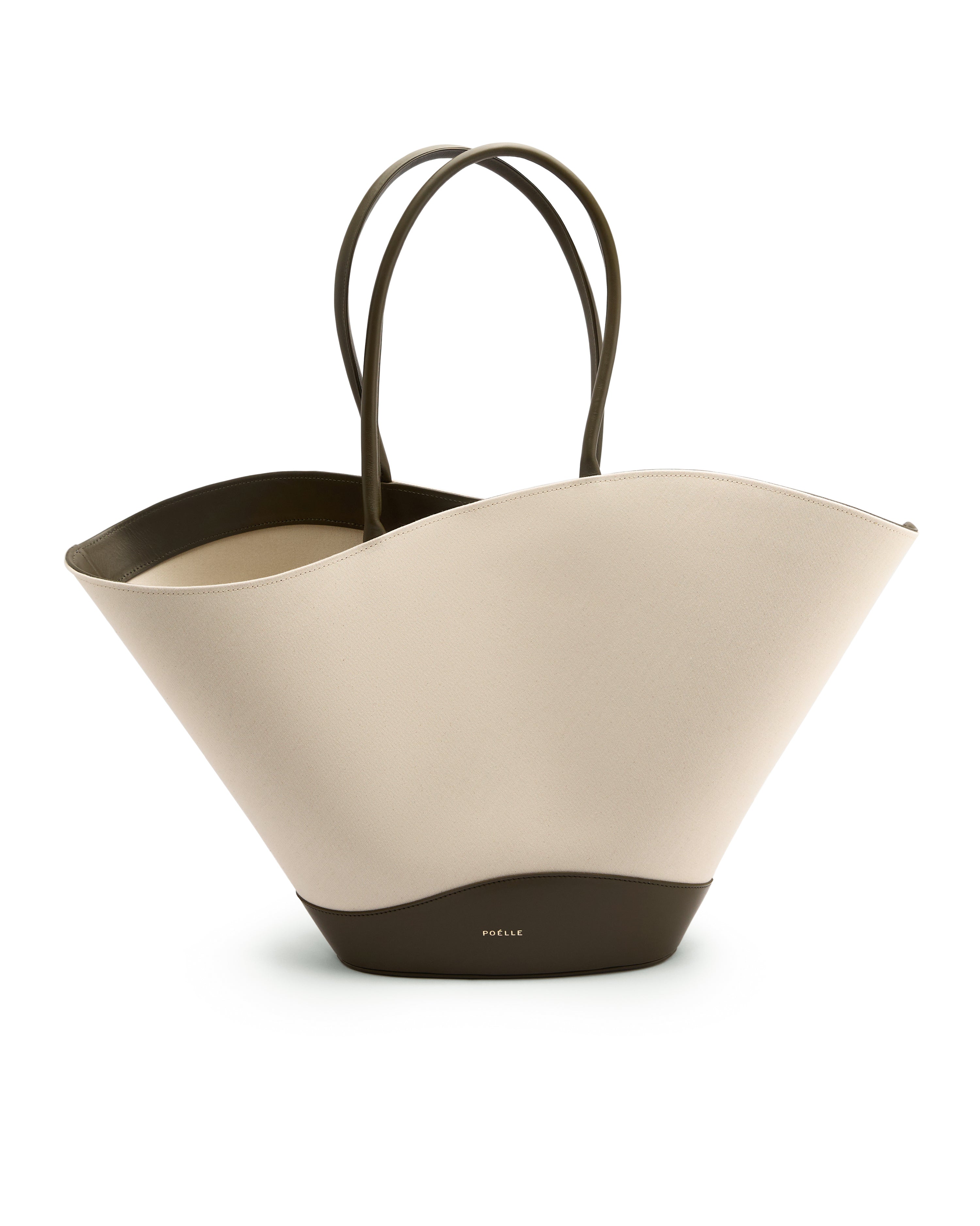 Poelle Atelier luxury summer leather bag in beige and dark brown with unique sculptural design