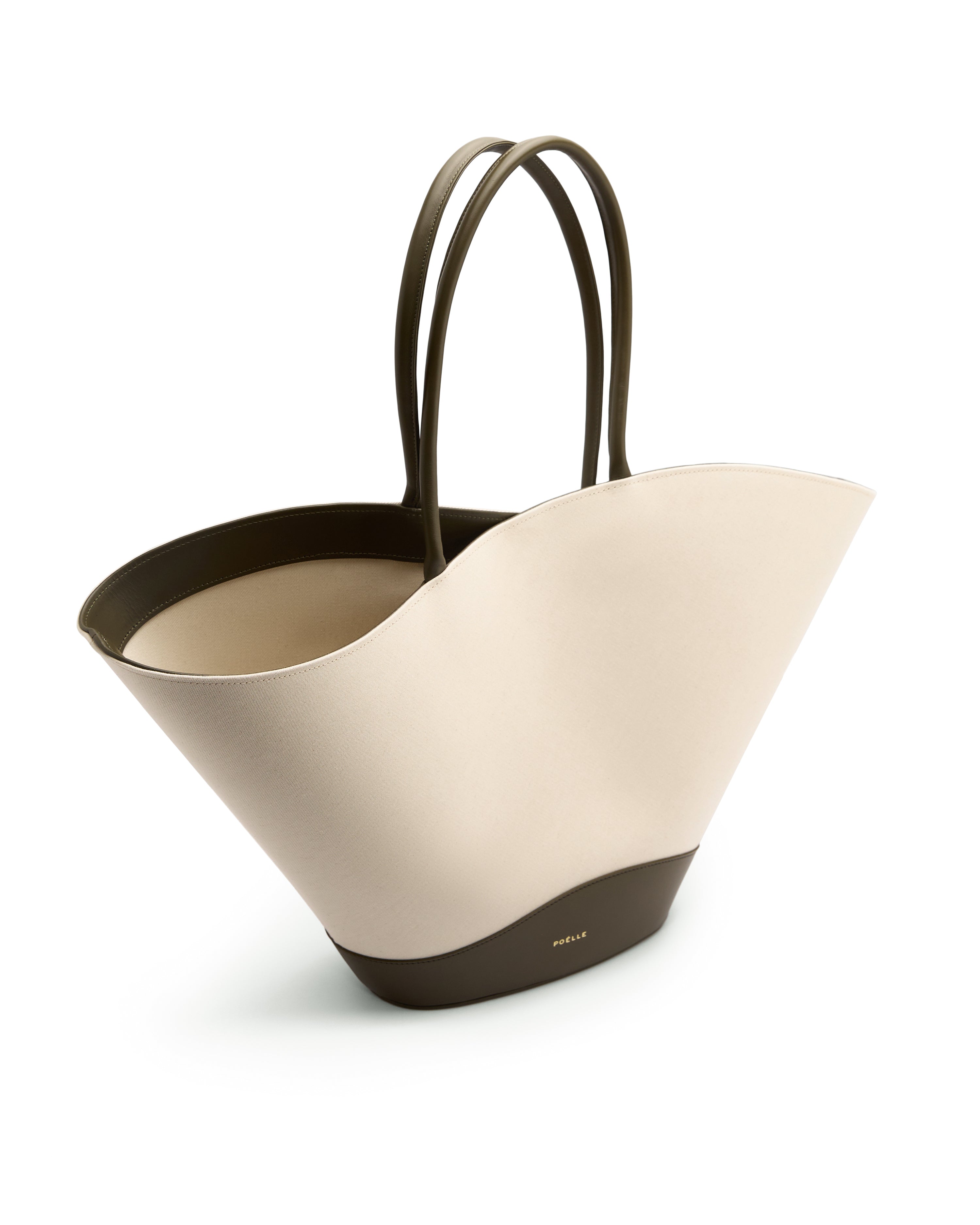 Poelle Atelier luxury summer leather bag in beige and brown with curved shape and double handles