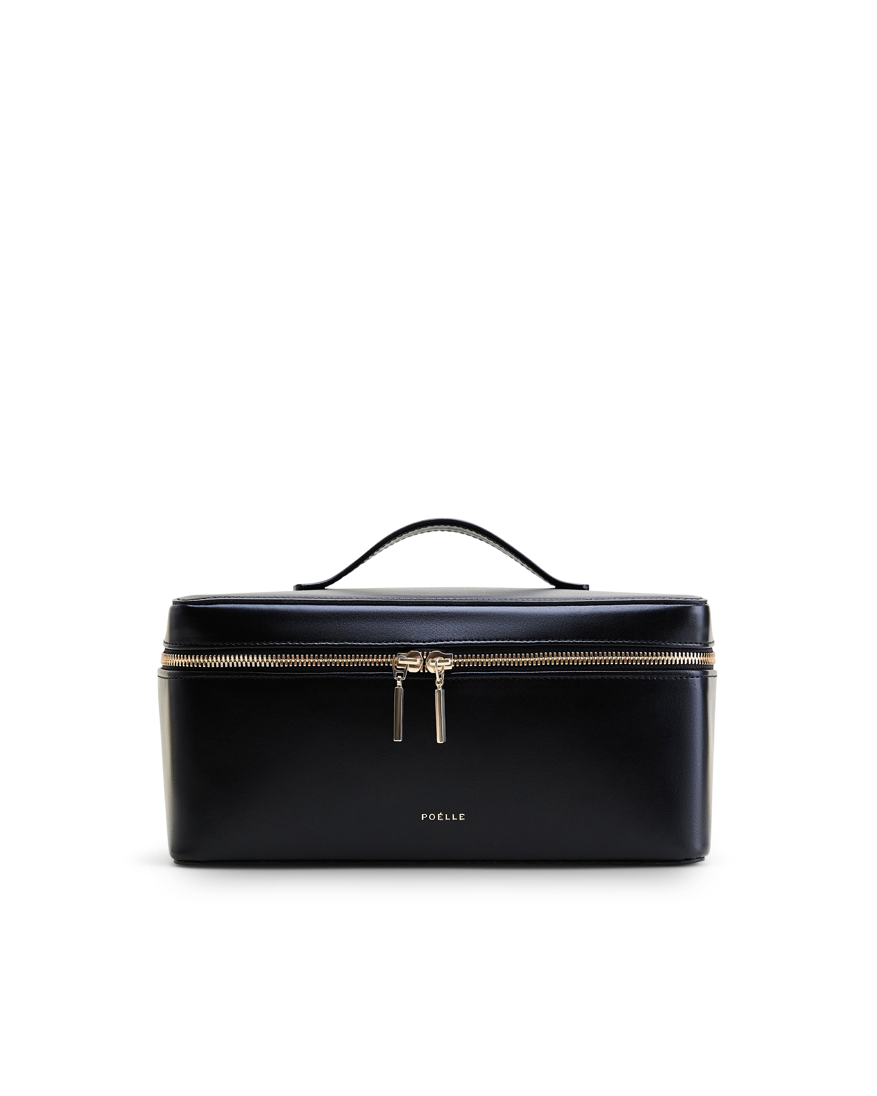 Poelle Atelier medium leather makeup case in black with gold zipper and top handle
