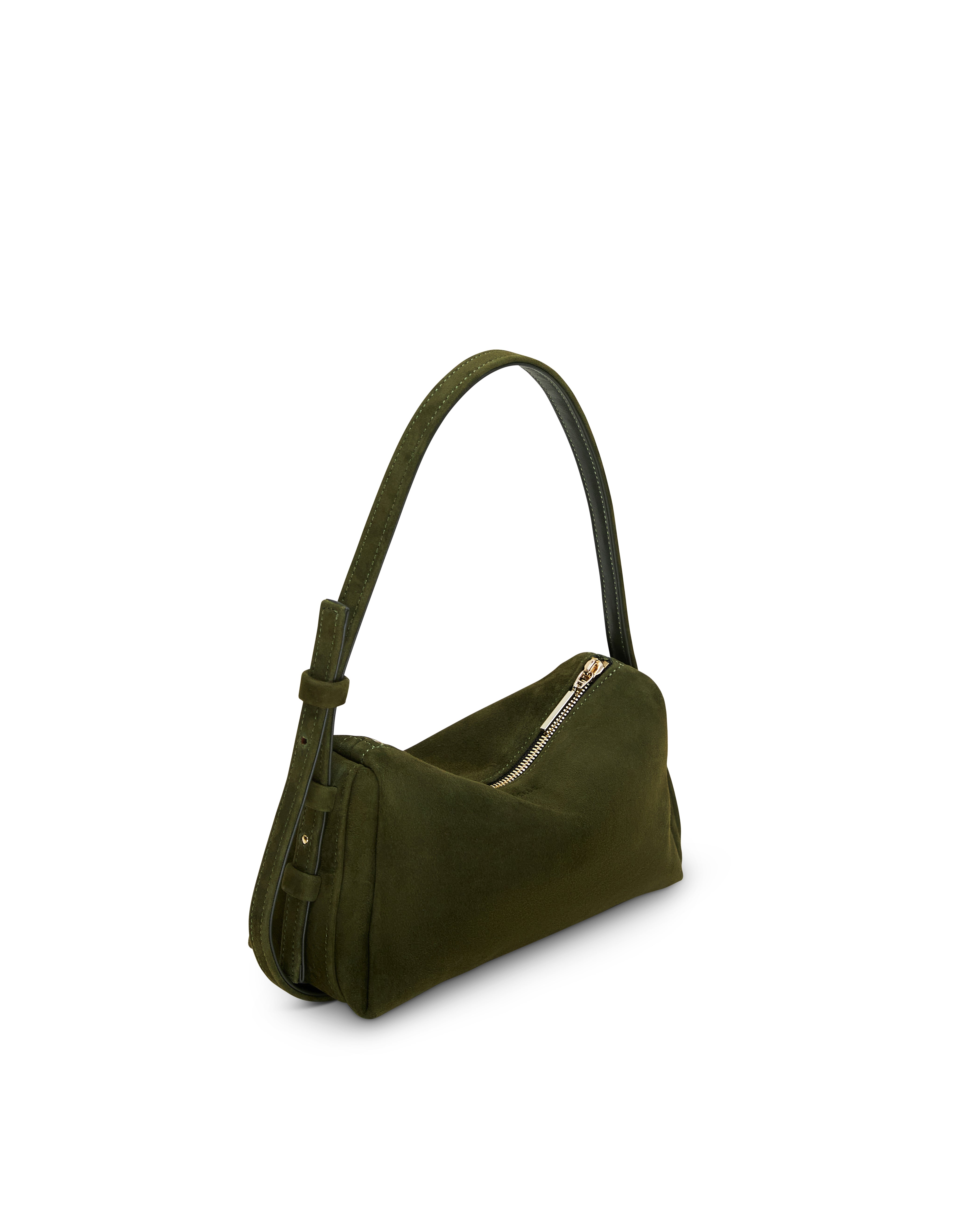 Poelle Atelier elegant small leather bag in dark green with adjustable shoulder strap and zipper closure