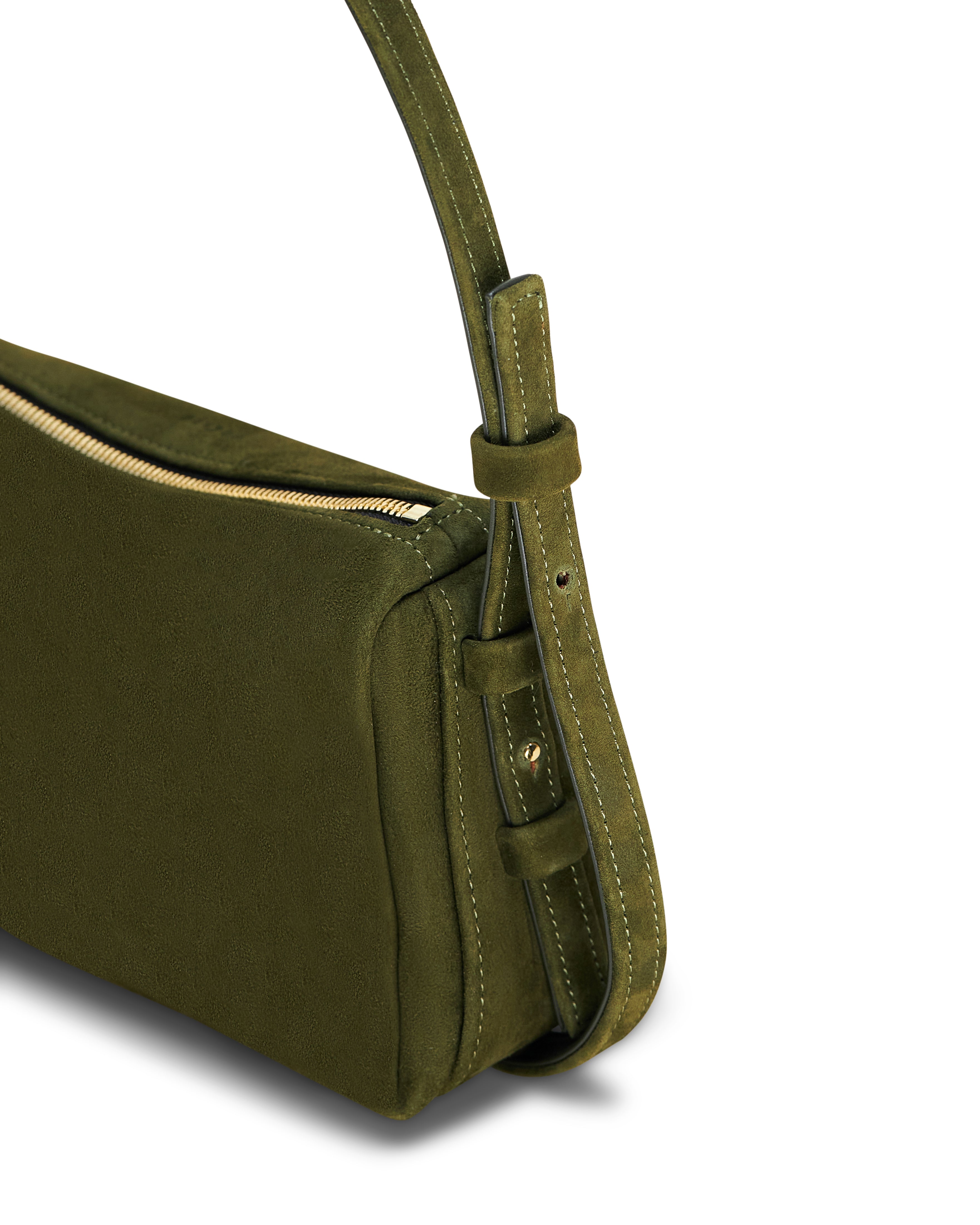 Poelle Atelier elegant small leather bag in olive green with adjustable strap and gold zipper