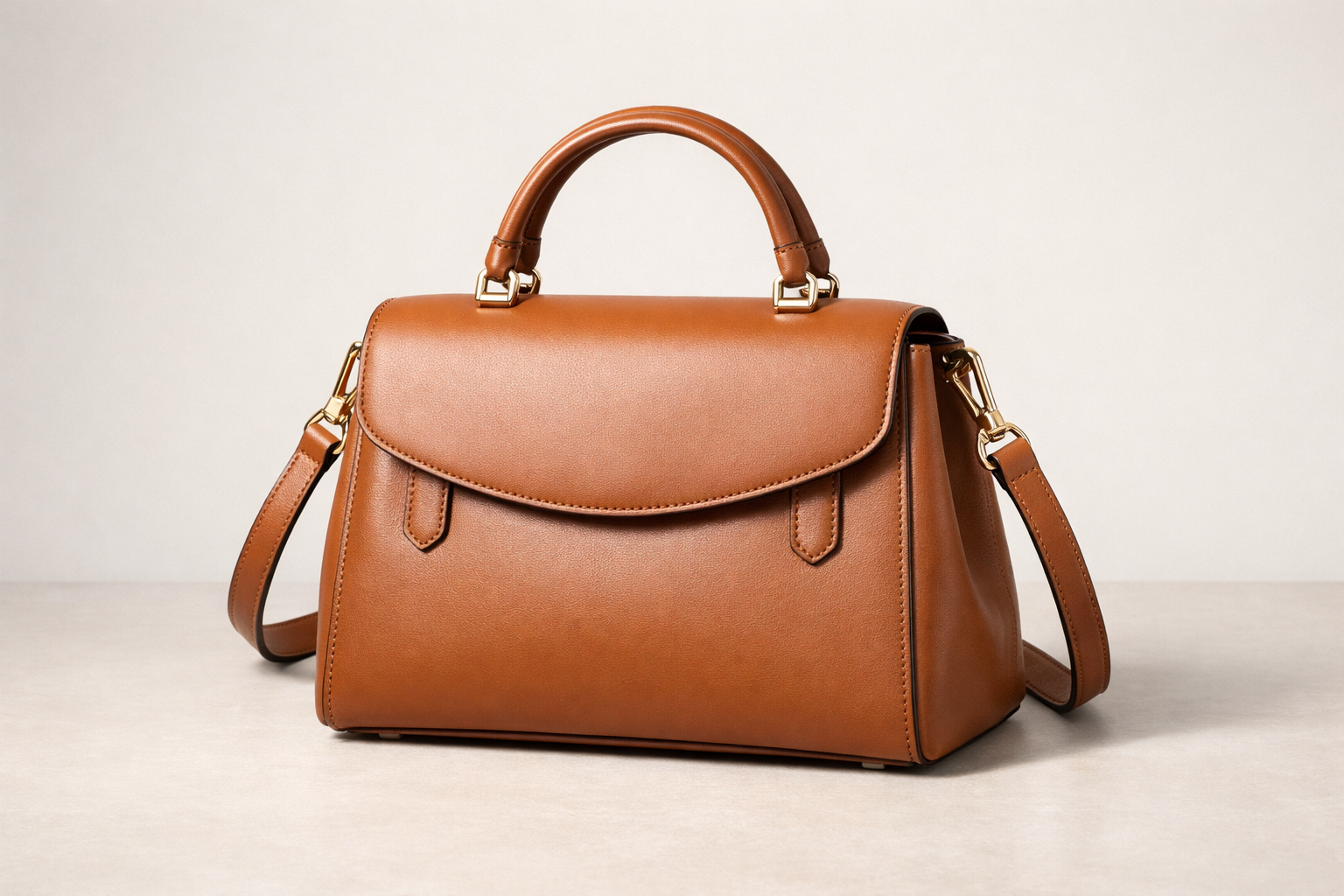 Leather handbag on a neutral background with stitching and edge finishing visible