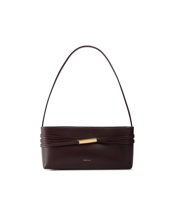 Brown leather shoulder bag from Poelle Atelier with sleek gold accent and minimalist design