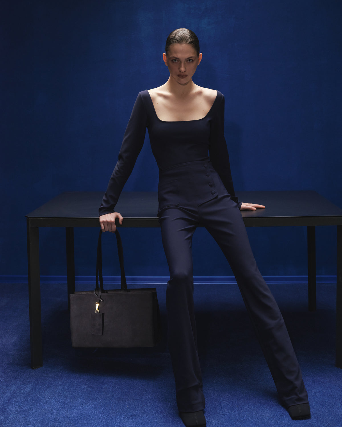 Medium Carolyn Tote Bag in Navy Blue — campaign
