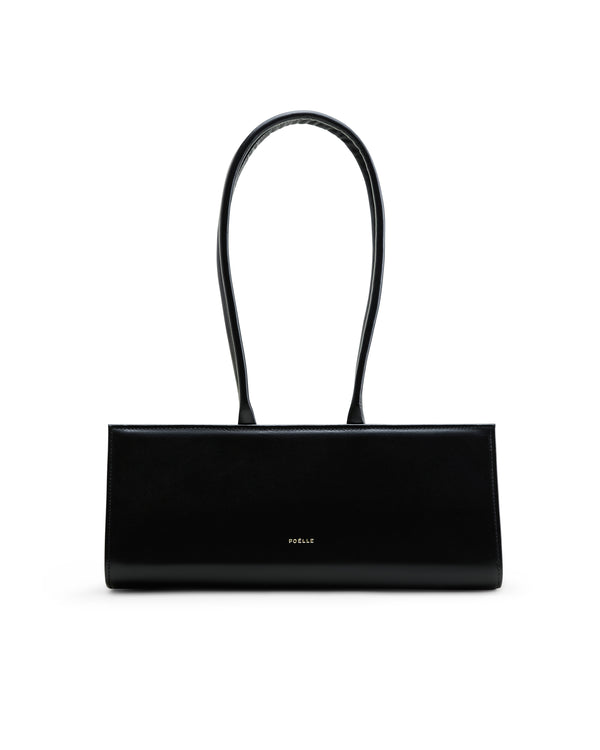 Poelle Atelier luxury black leather handbag with sleek rectangular design and long straps
